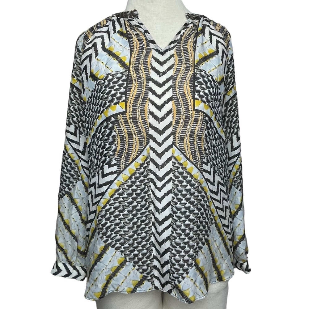 Hale Bob Black /White / Yellow Animal Print 100% Silk Beaded V Neckine Blouse Sm